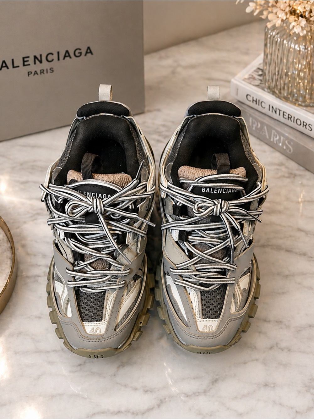 Balenciaga Chunky Beige, Grey & Black Multi-Layer Track Sneakers SZ 7